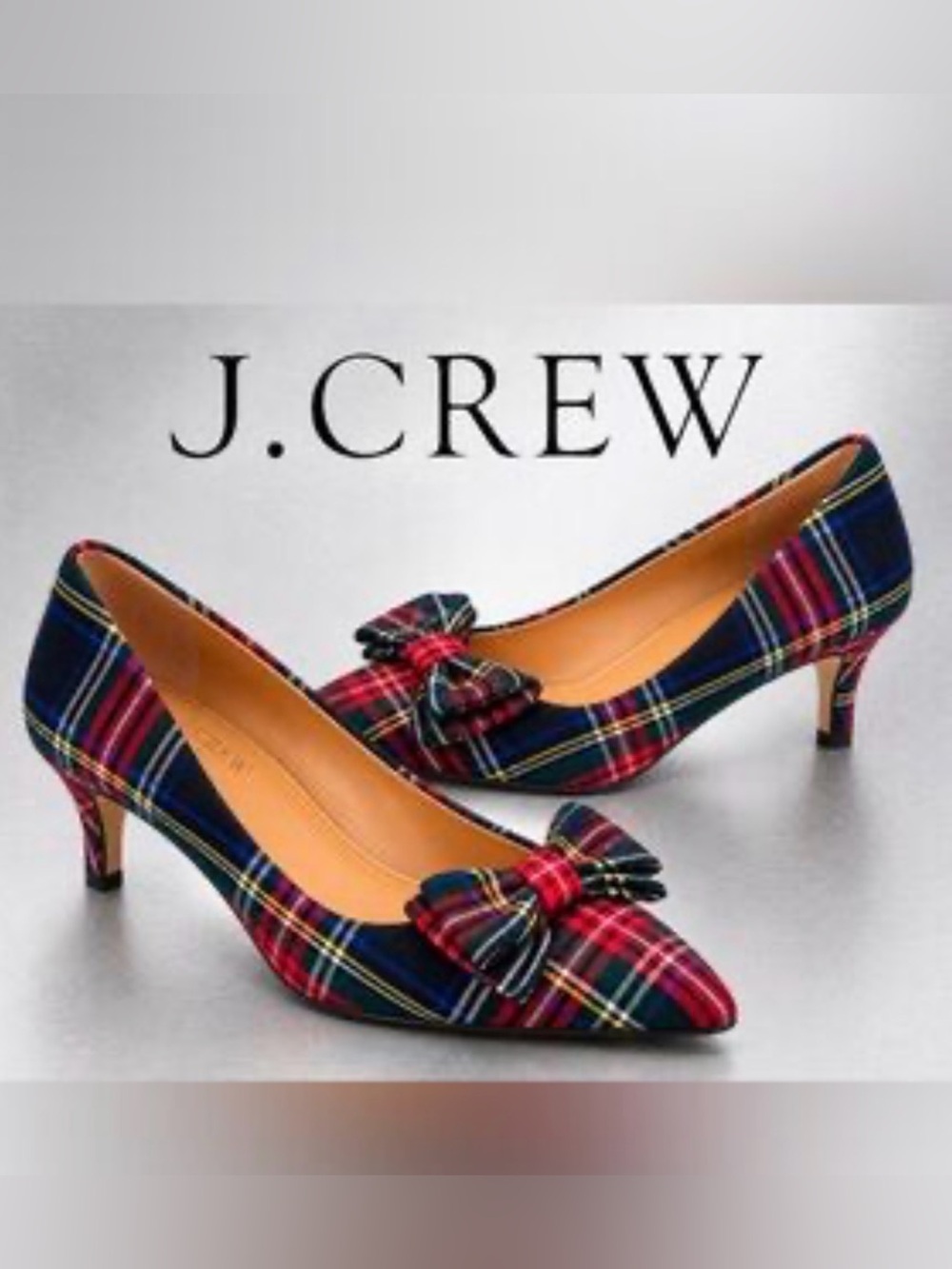 J. Crew Red and Navy Tartan Bow Pointed-Toe Kitten Heels